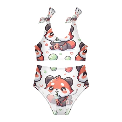 Image of Girls' Bikini Set, Cute Red Panda with Bubble Tea Cartoon Kids Swimsuit 2 Pcs Beach Bathing Suit