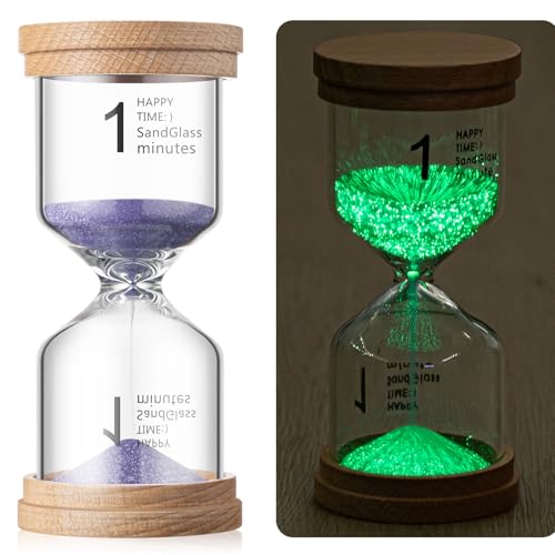 1 Minute Glow in The Dark Wooden Sand Timer Hourglass Luminous Sandglass Timer Colorful Sand Clock Time Telling Accessory for Toothbrush Games Classroom Office Cooking Home Decor(Purple)