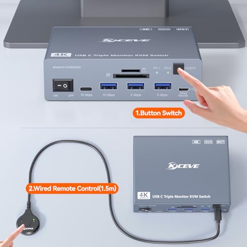 Image of Thunderbolt 4 KVM Switch 3 Monitors 2 Laptops USB C 4K@60Hz,USB C KVM Switch Displaylink Docking Station for Windows Mac M1-M5, Extended Triple Displays,PD 100W,USB 3.0,USB 3.2,SD /TF,1G Ethernet