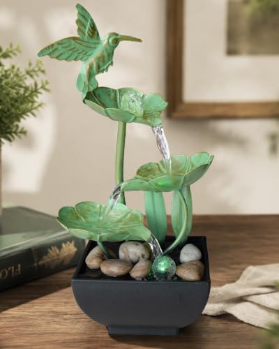Image of Vintage Hummingbird Tabletop Water Fountain - Zen Home Office Decor - Gentle Bubbling Spring Indoor Zen Decor with Low-Noise Pump, LED Light, Natural River Rocks, Inline Switch & USB Adapter