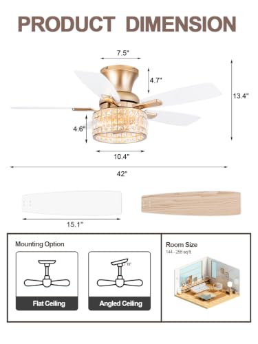 Image of 42 inch Flush Mount Low Profile Gold Crystal Chandelier Fan with Light
