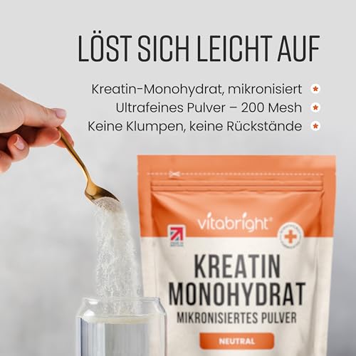 Kreatin Monohydrat Pulver 400 g | 114 Portionen | 200 Mesh ultrafein mikronisiert | Schnell lösliches Creatin | Vegan | VitaBright – Ansicht 6