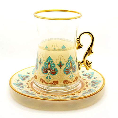 トルコ製チャイグラス CB-258 リーフ/クリーム(1客) 大サイズ・ハンドル付 トルコ製チャイグラス CB-258 リーフ/クリーム(1客) 大サイズ・ハンドル付