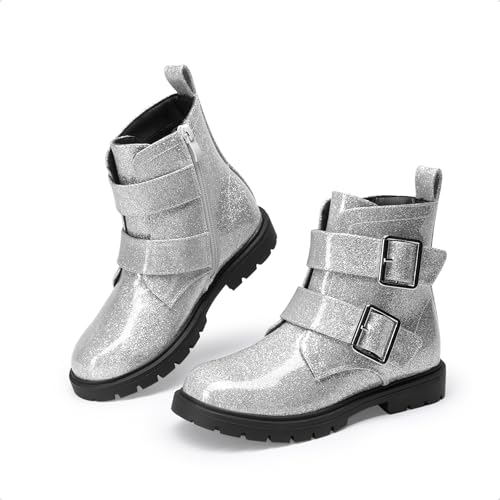 Dream Pairs Girls Boys Glitter Ankle Boots Side Zipper Combat Shoes With Buckles Toddler/Little Kid/Big Kid,Size 11 Little Kid,Silver,Sdbo2415K thumb #4