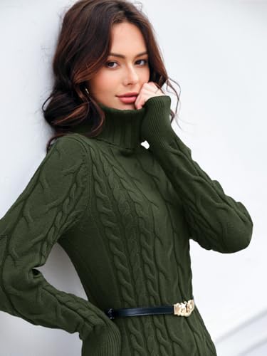 Image of Langwyqu Womens Cable Knit Long Sleeve Turtleneck Bodycon Sweater Dress