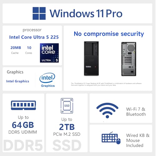 Image of Lenovo ThinkStation P3 Tower Desktop AI PC, Intel Core Ultra 5 225, 64GB DDR5, 2TB SSD, Support 3-Display 4K, Wi-Fi 7, HDMI, DP, Wired KB & Mouse, Windows 11 Pro, Business Workstation, w /Bundle