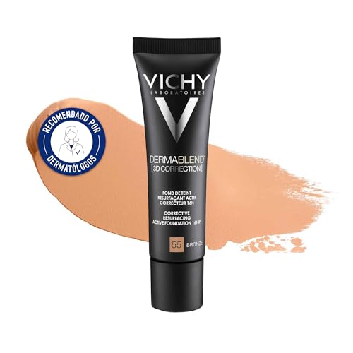 Vichy Base De Maquillaje Fluida Alisadora y Correctora, Alta Cobertura de 16 Horas, Reduce Imperfecciones, Acabado Mate, Para Piel Con Tendencia Acneica, Dermablend 3D Correction