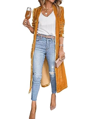 Rseoutlh Cárdigan largo de terciopelo para mujer, estilo casual, parte delantera abierta, de terciopelo, con solapa, maxi blazer para exteriores, Amarillo, S