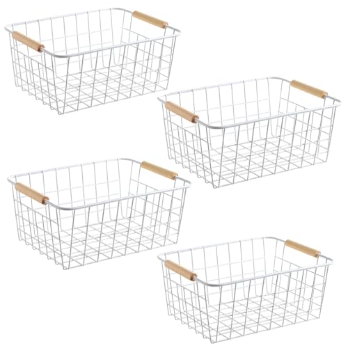 LeleCAT White Wire Baskets for Organizing with Handles,Pantry Organizers and Storage For Kitchen, Household Snack Basket for Cabinets, Closets, Bedrooms,food - Set of 4(White) by LeleCAT - Used condition - US$35.49