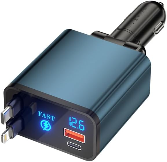 Aluminum Alloy Housing Retractable Car Charger Adapter, 66W Car Fast Charger, Car Accessories 180° Adjustable, Multifunctional Charger Suitable for Android and Apple Phones,Travel Essentials
