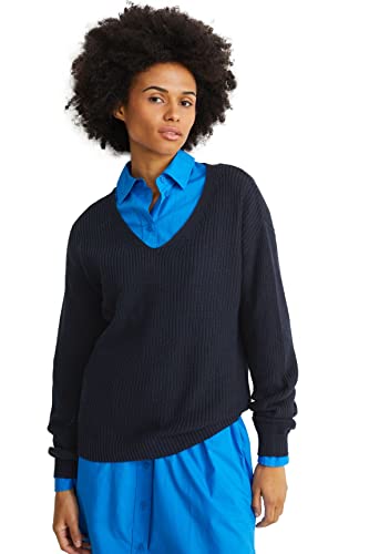 C&A Damen Pullover V-Ausschnitt Viskose|Baumwolle Unifarben dunkelblau L