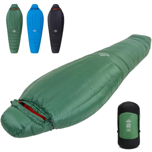 Saco de dormir momia OMVMO de plumas con 600 Fill Power, caja térmica para pies, portátil para camping todo el año