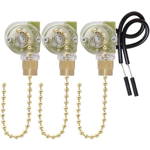 Topbuti 3 Pack Ceiling Fan Switch Zing Ear ZE-109 Two-Wire Light Switch, Wall Lights Pull Chain Switch Control Replacement with Pull Chain for Ceiling Fan Light, Wall Lamps, Cabinet Light (Brass)