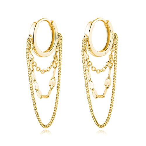 Reffeer Solid 925 Sterling Silver Chain Drop Earrings Hoop for Women Teens Hoop Earrings Tassel Chain Huggie Dangle Earrings