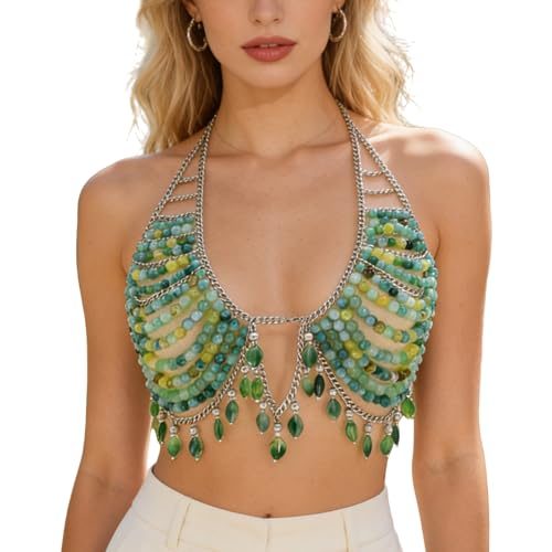 Cadena de pecho de perlas acrílicas verdes de alta costura ideal para bodas y galas exclusivas