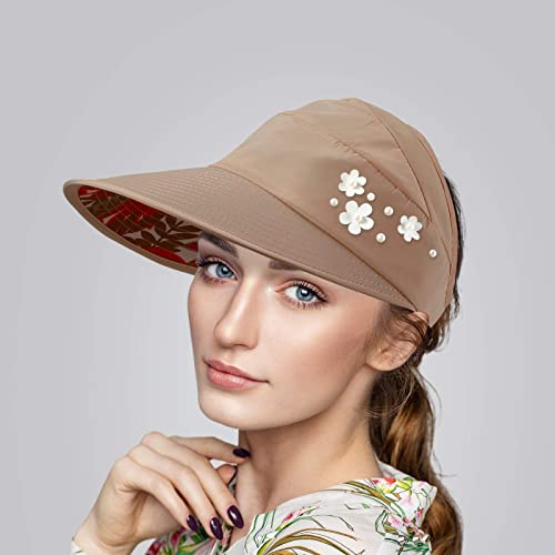 MAKINGTEC Sun Hats for Women Wide Brim, Summer Beach Hat UV Protection Sun Ray, Foldable Visor Floppy Adjustable Ponytail Hat for Hiking Camping Fishing Safari (Pack of 4)