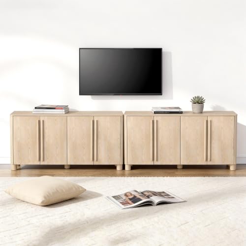 Image of 65 inch Sideboard Buffet Cabinets with Storage Set of 2 , Wood Grain Top Credenza with Adjustable Shelves, Curved Accent Cabinets with Round Legs for Dining Room, Living Room, Coffee Bar, Natural Wood