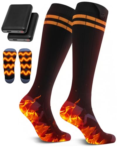 Rechargeable Heated Socks 5V for Men and Women Electric Heating Socks with 5000mAh Battery & 4 Temperature Levels Washable Thermal Socks for Skiing Hiking Hunting & Outdoor Winter Use Orange