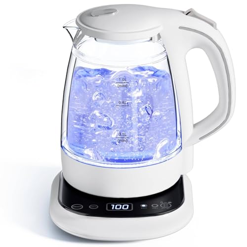 電気ケトル ガラス 1.0L【最新昇級版】 LEDライト付き 8段温度調節/24時間の保温機能/二重構造 火傷防止/自動電源オフ 空だき防止 湯沸かし器 調乳 紅茶 お茶 コーヒー 新生活 PSE認証済み ホワイト