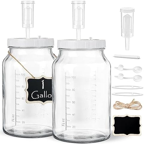 2 Pack 1 Gallon Large Fermentation Jars with 3 Airlocks and 2 SCREW Lids(100% Airtight Heavy Duty Lid w Silicone) - Wide Mouth Glass Jars w Scale Mark - Pickle Jars for Sauerkraut, Sourdough Starter Cover