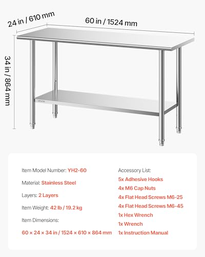 Image of VEVOR Stainless Steel Work Table, 24x60 Inch Food Prep Table, Commercial Kitchen Workstation with Adjustable Undershelf, Metal Heavy Duty Utility Worktable, for Restaurant Home Hotel Garage Outdoor