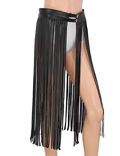 YiZYiF Women Long Fringe Tassel Skirt Belt Punk Cool Faux Leather Double Buckles Waistband for Dance Party Costume4
