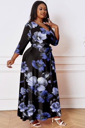 Image of Runwind Plus Size Dress for Women - 3 /4 Sleeve V Neck Maxi Dresses for Women (XL-6XL)