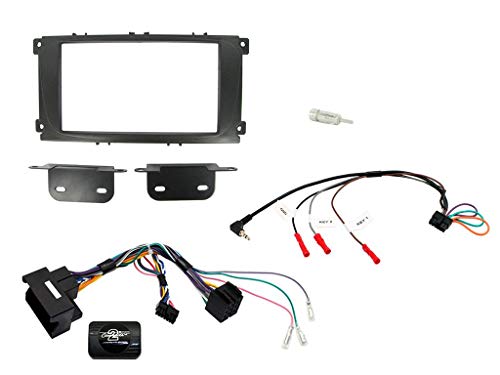 T1 Audio T1-CTKFD24 - Ford Focus 07> Mondeo 07> Complete Car Stereo Double Din Facia Fitting Kit, CT23FD07, CTSFO003, CT27AA01, CT22VX01, Black Double Din Facia Panel, Steering Stalk Lead, Aerial Adapter and Car Stereo Removal Keys. For Vehicles With Curved Factory Fitted (OEM) Car Stereos