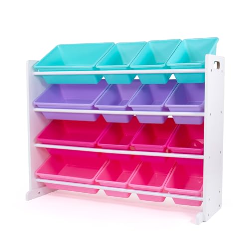 Humble Crew Toy Storage Organizer with 16 Removable Storage Bins for Kids Playroom, 4-Tier Toddler Toy Organization and Storage, White/Blue/Pink/Purple