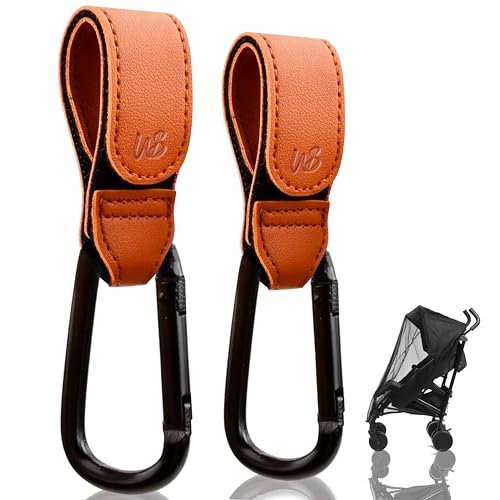 WS WorlsTrend 2 Ganchos + Mosquitera - Ganchos Carro Bebé de Cuero Sintético - Ganchos para Carrito Bebé o Silla de Paseo para Colgar Bolsas - Mosquitera Universal Ajustable - Red Antimosquitos.