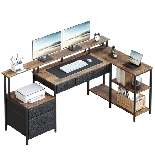 Seventable L Shaped Computer Desk with USB Ports, Power Outlets, LED Strip, Drawers & File Cabinet, Reversible Corner Gaming Desk with Monitor Shelf & Storage for Home Office, Rustic Brown
