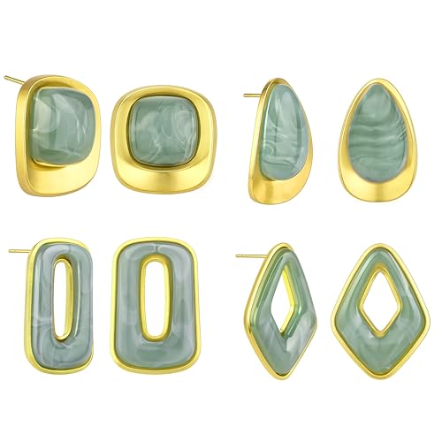 4 Pairs Resin Earrings Set for Women Retro Gold Geometric Stud Earrings Chunky Sage Green Acrylic Marble Earrings Lightweight Teardrop Square Rectangular Earrings Jewelry Gift for Her (Green 4 Pairs)