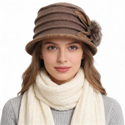Women Felt Bucket Hat Vintage Floral Wool Dress Winter...