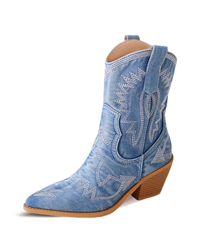 Image of Reitoye Cowboy Boots Women Knee High Cowgirl Embroidered Chunky Heel Boots | Block Chunky Heel,Pointed Toe,Half Side Zipper & Pull Tab,Embroidered Tall Boots,Fall Summer Spring Winter Dress Long Boots