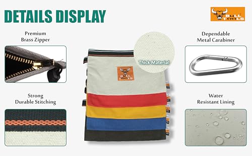 Image of BULL TOOLS Tool Pouch 100% Cotton Canvas 16 oz Tool Organizer Bag, Wrench Holder Pouch, Multi-Purpose Wrench Organizer Bag 5 Pack, Utility Organization Bags, Heavy Duty Brass Zipper, Metal Carabiner