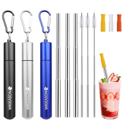 WKIEASON 3 Pack Portable Metal Drinking Straws Collapsible Stainless Steel Straws Telescopic Reusable Straw with Aluminum Key-Ring Case & Cleaning Brush and Silicone Tips for Travel Home Work