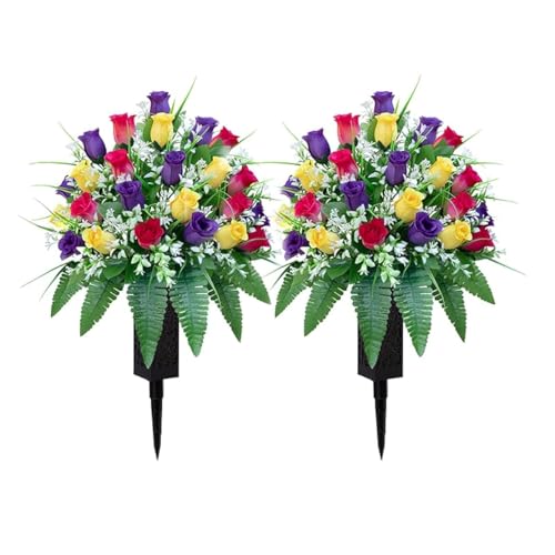 LVXINLI Artificial Cemetery Flowers Gravesite Decoration Roses Memorial Bouquets with Cemetery Vase Vibrant and Long-Lasting Colors (Yellow+Purple+Brilliant Red 2 Bundles)