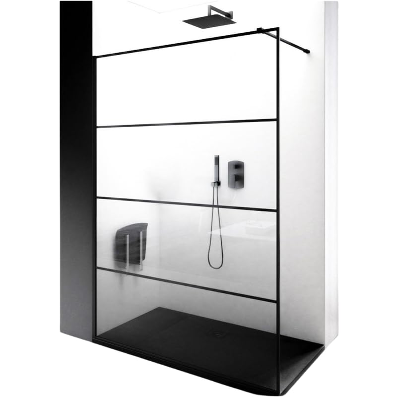 Impalli - Cabina de ducha Walk de 200 cm de altura, extensible de 168 a 169 cm, con pared fija, con brazo de soporte, de cristal templado de 6 mm, antical, perfiles de aluminio negro mate