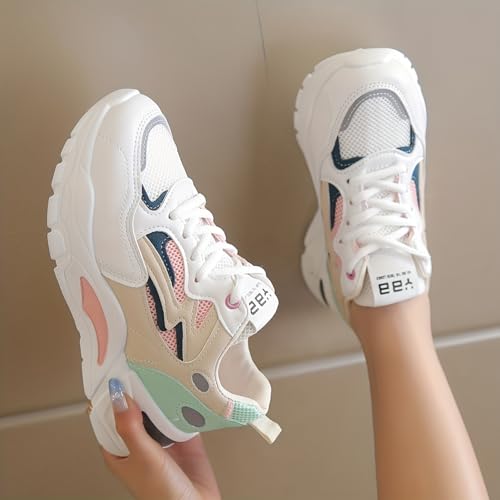 Women's Colorblock Mesh Sneakers, Lace Up Breathable Casual Sporty Trainers, Platform Low-top Running Shoes2