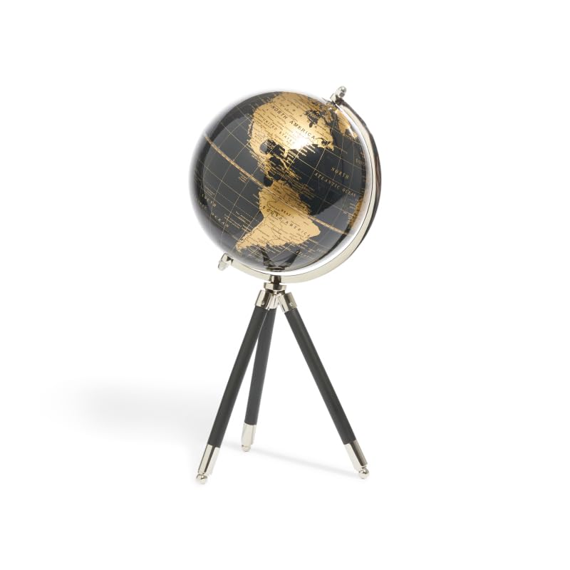 GLOBEDECOR Decorative World Globe on Tripod Stand, 17H x 8D inches, Black and Gold