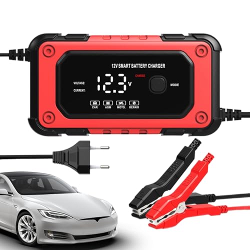 Cargador de Batería de Coche,Cargador de Mantenimiento Inteligente 12V y 6A - Mantenedor Desulfatador Automático con Pantalla LCD,para Garaje Exteriores Carretera