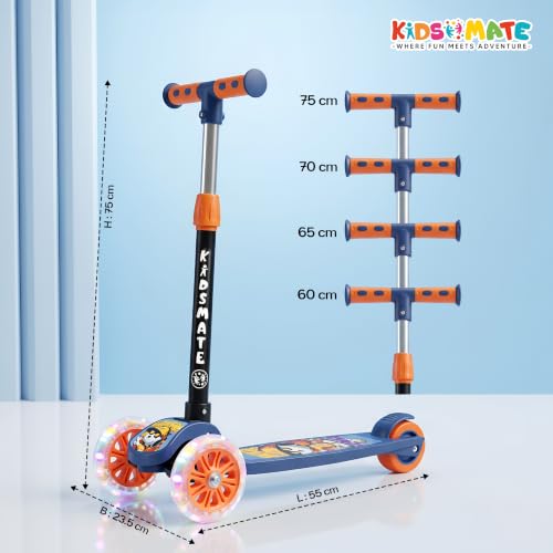 Image of Kidsmate Flashwheel Kick Scooter for Kids with LED Wheels | 3-Wheel Skate Scooter for Boys & Girls of Ages 2-12 Years | 5-Level Adjustable Height, and Easy Fold Design Scooter for Kids (Blue Orange)