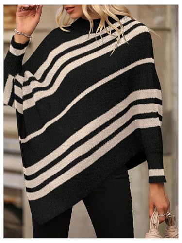 Milumia Women's Striped Mock Neck Knitted Poncho Sweater Dolman Long Sleeve Loose Tops2