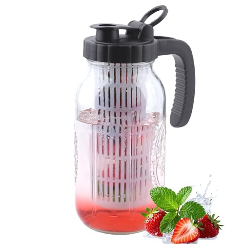 64 Oz Glass Mason Jar Water Pitcher With Infuser Half Gallon Mason Jug Carafe Wide Mouth 2 Quart Pitcher With Lid For Cold Hot Tea Coffee Lemonade beverage Breast Milk Juice Container For Fridge