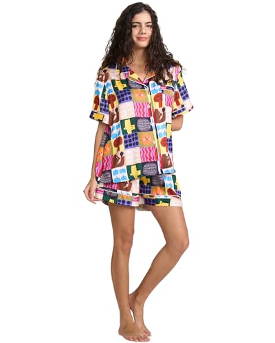 Image of YiNi LuLu Womens Silk Satin Shorts Pajamas Set Button Down 2 Piece Pjs Short Sleeve Oversized Sleepwear with Pockets