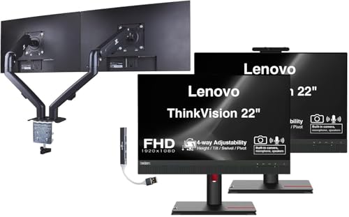 Image of Lenovo ThinkVision 22 inch FHD IPS Conferencing Monitor - 2 Pack | 4ms Response Time- Anti-Glare,VESA Mount (100mm),Adjustable Height,Tilt,Swivel,Pivot,HDMI DKZ Hub & ErgoFlexy Dual Mount Arm