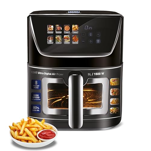 KENT Ultra Digital Air Fryer 5L | 1500W | Bake, Grill & Roast | Up to 80% Less Oil Usage |8 Preset Menu|Rapid Heat Circulation |Digital Display & Touch Control Panel |Glass Window with in built Light