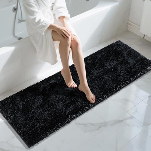 Image of Yimobra Long Bathroom Rugs Runner 70x24 Inch, Extra Thick Soft Absorbent Chenille Bath Mat, Non Slip Machine Washable, Quick Dry Bath Rugs for Bathroom Floor, Tub and Shower, Black