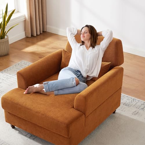 Chaise Lounge Chair Indoor with Adjustable Backrest, Upholstered Mid-Century Reading Chair, Oversized Accent Armchair for Living Room & Bedroom, Comfy Single Sofa Chair, Modern Living Room Chair