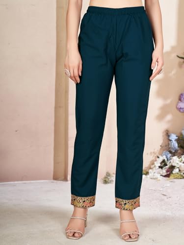 Image of Pratham Blue Kurta Set for Women Silk Embroidered Straight Kurta Set for Women with Pant